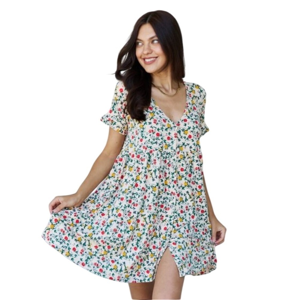 NINEXIS Floral Print V‎ Neck Button Front Short Sleeve Casual Dress Size L